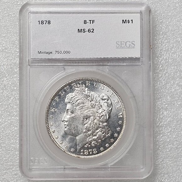 1878 8 TF Tail Feathers Morgan Silver Dollar - SEGS Graded MS62 - RARE - Toning - Picture 1 of 6